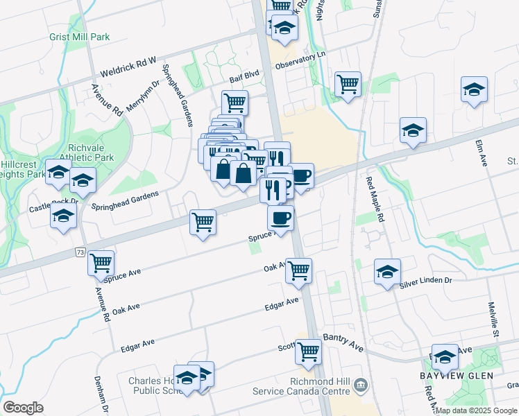 map of restaurants, bars, coffee shops, grocery stores, and more near 53 Carrville Road in Richmond Hill