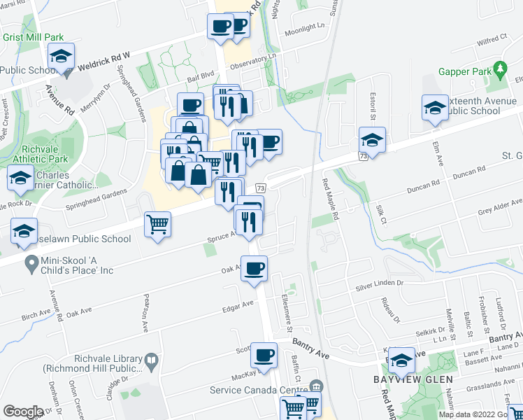 map of restaurants, bars, coffee shops, grocery stores, and more near in Richmond Hill