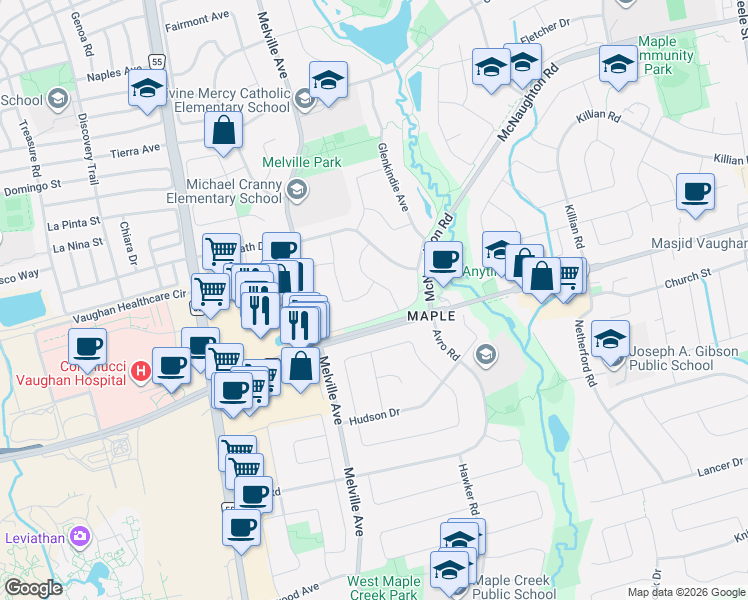 map of restaurants, bars, coffee shops, grocery stores, and more near in Vaughan