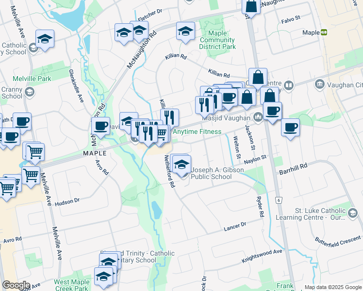 map of restaurants, bars, coffee shops, grocery stores, and more near 83 Church Street in Vaughan