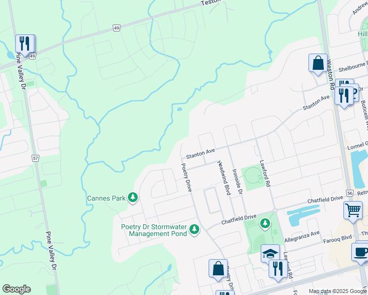 map of restaurants, bars, coffee shops, grocery stores, and more near 377 Poetry Drive in Vaughan