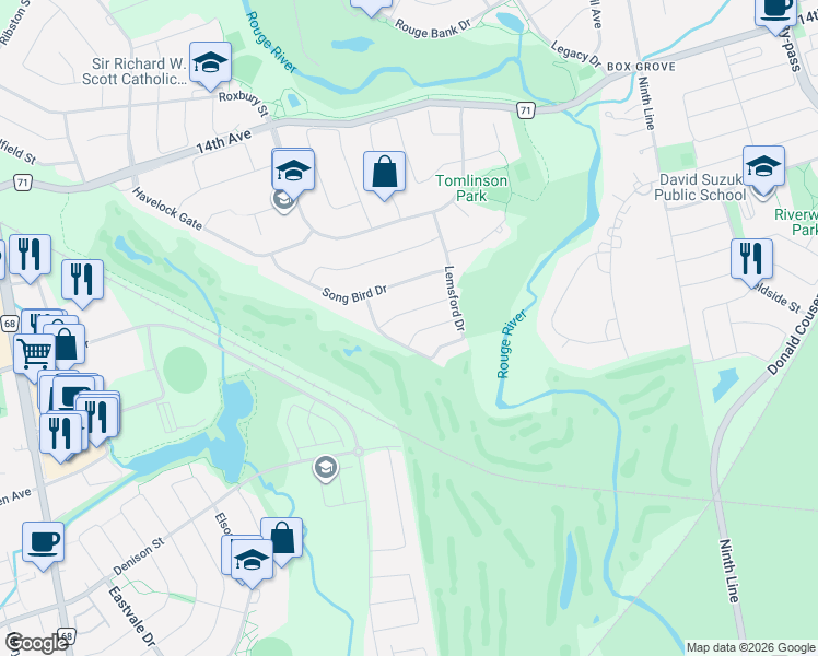 map of restaurants, bars, coffee shops, grocery stores, and more near 68 River Forest Street in Markham