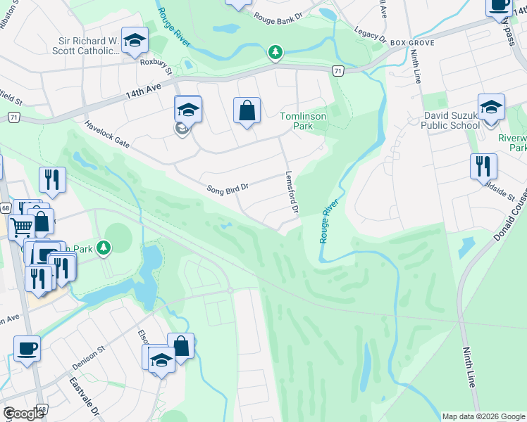 map of restaurants, bars, coffee shops, grocery stores, and more near 6 Rouge Fairway Street in Markham