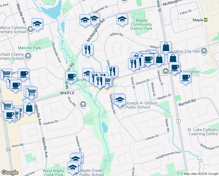 map of restaurants, bars, coffee shops, grocery stores, and more near 2535 Major Mackenzie Drive West in Vaughan