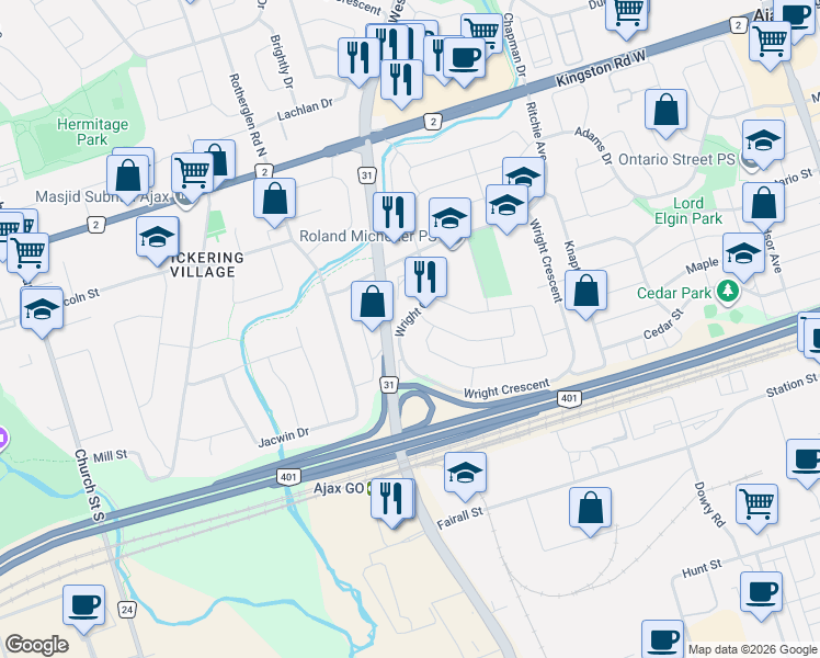 map of restaurants, bars, coffee shops, grocery stores, and more near in Ajax