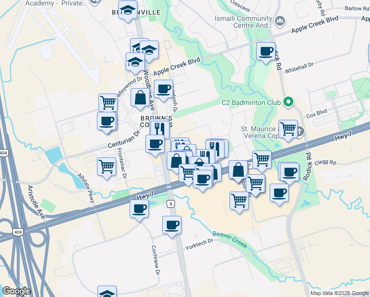map of restaurants, bars, coffee shops, grocery stores, and more near 5A Lunar Crescent in Markham