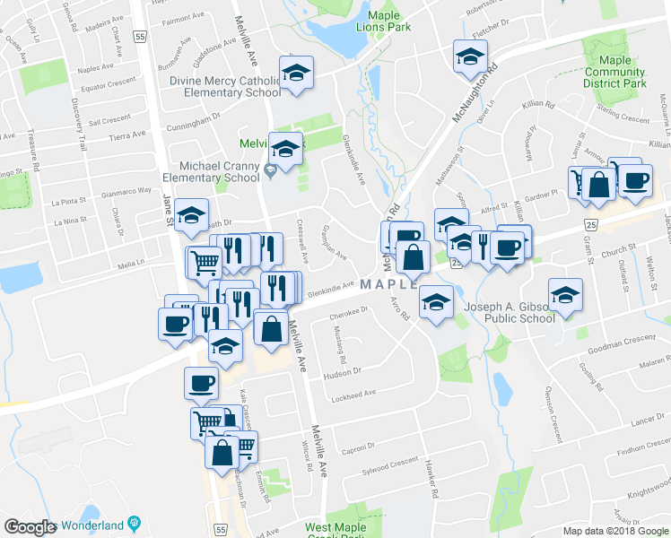 map of restaurants, bars, coffee shops, grocery stores, and more near 104 Cresswell Avenue in Vaughan