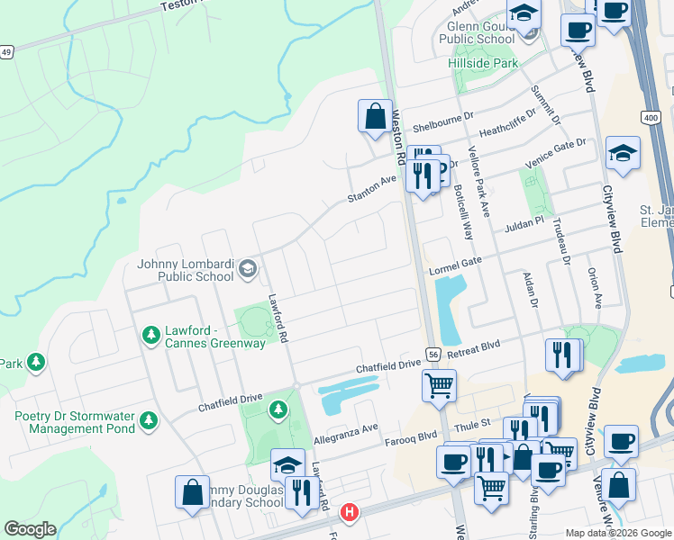 map of restaurants, bars, coffee shops, grocery stores, and more near 11 Ostrovsky Road in Vaughan