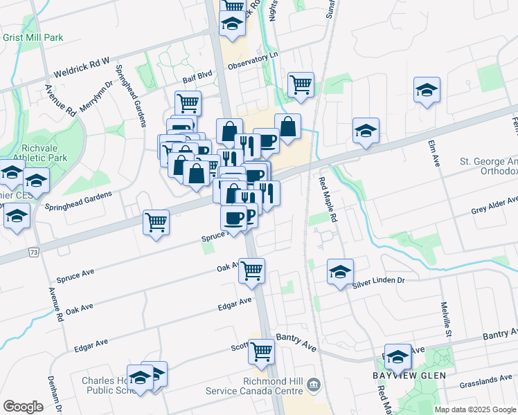 map of restaurants, bars, coffee shops, grocery stores, and more near in Richmond Hill