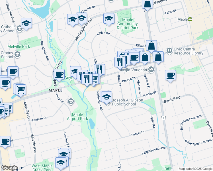 map of restaurants, bars, coffee shops, grocery stores, and more near 83 Church Street in Vaughan
