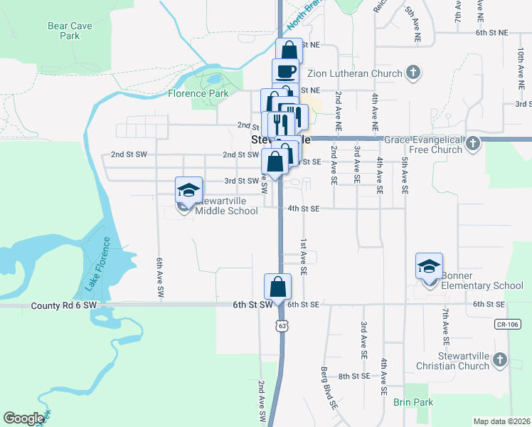 map of restaurants, bars, coffee shops, grocery stores, and more near 202 4th Street Southwest in Stewartville