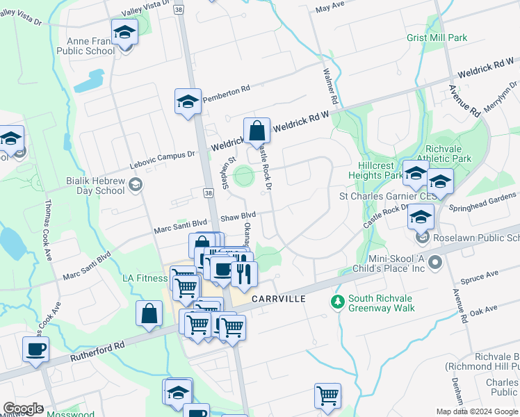 map of restaurants, bars, coffee shops, grocery stores, and more near 241 Shaw Boulevard in Richmond Hill