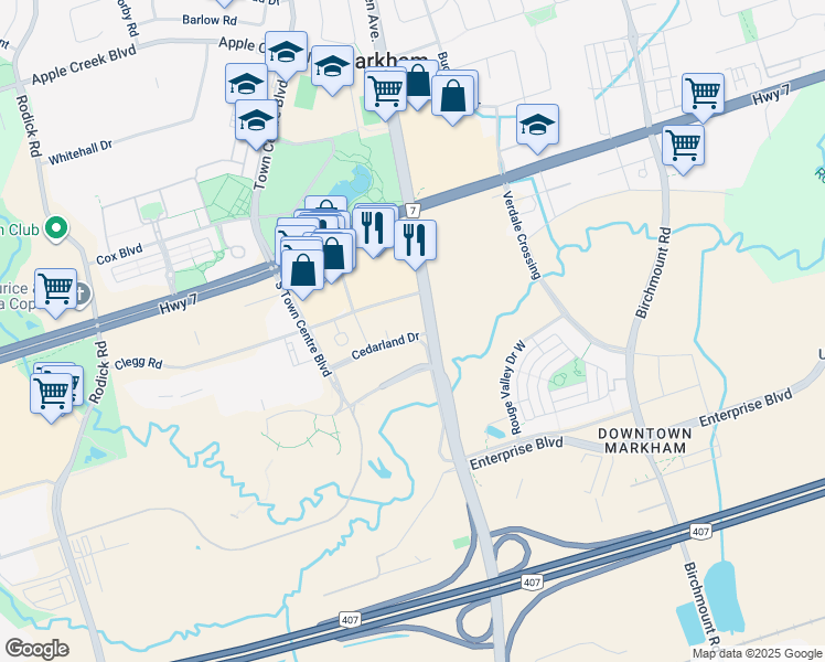 map of restaurants, bars, coffee shops, grocery stores, and more near 8 Cedarland Drive in Markham