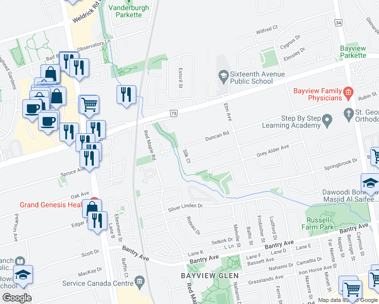 map of restaurants, bars, coffee shops, grocery stores, and more near 5 Silk Court in Richmond Hill