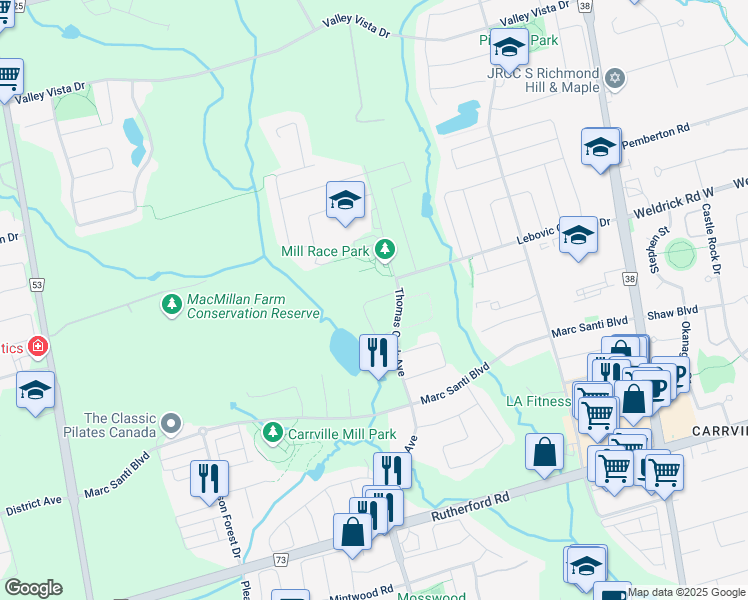 map of restaurants, bars, coffee shops, grocery stores, and more near Arianna Crescent in Vaughan