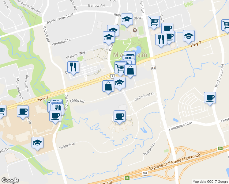 map of restaurants, bars, coffee shops, grocery stores, and more near in Markham
