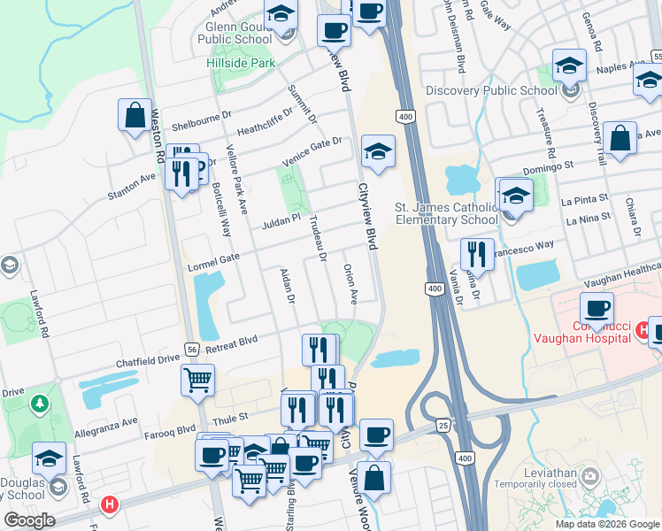 map of restaurants, bars, coffee shops, grocery stores, and more near 63 Trudeau Drive in Vaughan