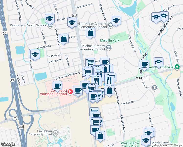 map of restaurants, bars, coffee shops, grocery stores, and more near 87 Kelso Crescent in Vaughan
