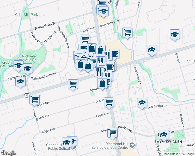 map of restaurants, bars, coffee shops, grocery stores, and more near 39 Carrville Road in Richmond Hill