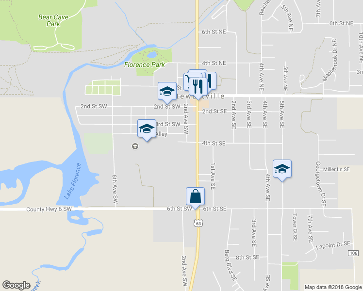 map of restaurants, bars, coffee shops, grocery stores, and more near 202 4th Street Southwest in Stewartville