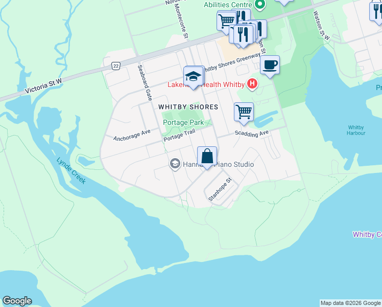 map of restaurants, bars, coffee shops, grocery stores, and more near 20 Forecastle Road in Whitby