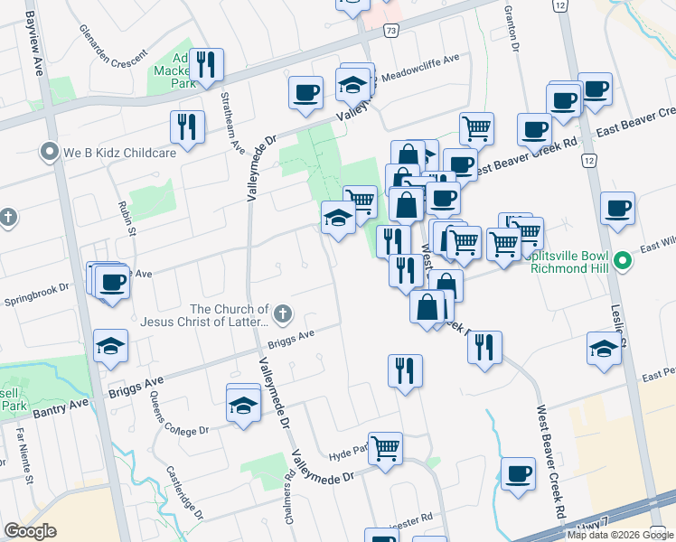 map of restaurants, bars, coffee shops, grocery stores, and more near 134 Blackmore Avenue in Richmond Hill