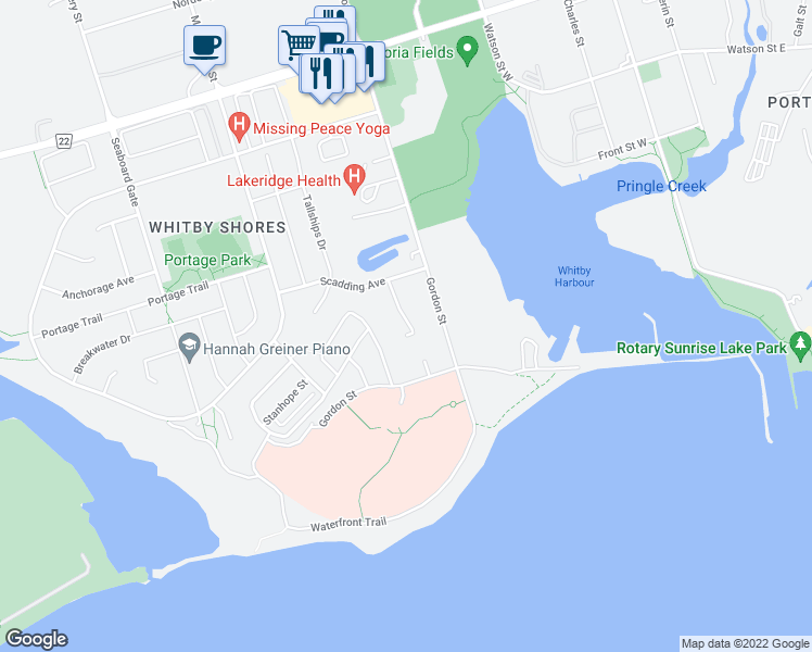 map of restaurants, bars, coffee shops, grocery stores, and more near 10 Dockside Way in Whitby
