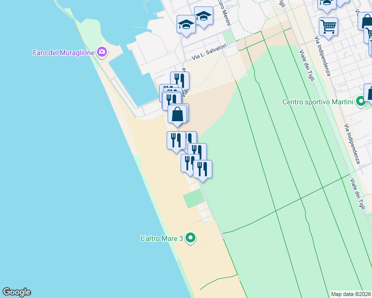 map of restaurants, bars, coffee shops, grocery stores, and more near 95 Viale Europa in Lido di Camaiore