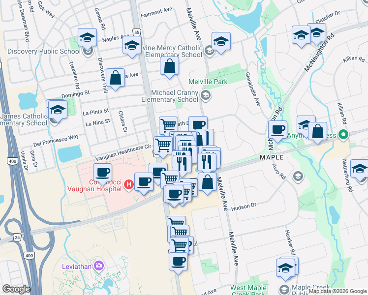 map of restaurants, bars, coffee shops, grocery stores, and more near 57 Kelso Crescent in Vaughan