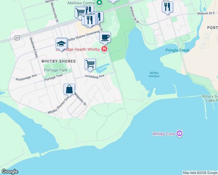 map of restaurants, bars, coffee shops, grocery stores, and more near 10 Dockside Way in Whitby