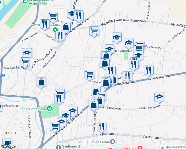 map of restaurants, bars, coffee shops, grocery stores, and more near 84 Traversa II Via Vecchia Pesciatina in Lucca