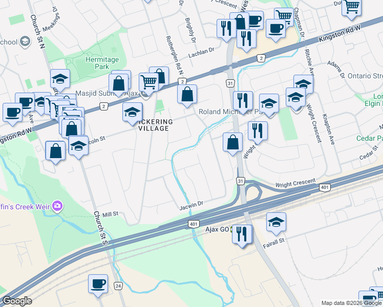 map of restaurants, bars, coffee shops, grocery stores, and more near 104 Marwin Road in Ajax