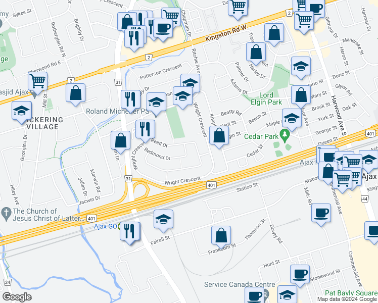 map of restaurants, bars, coffee shops, grocery stores, and more near 66 Reed Drive in Ajax