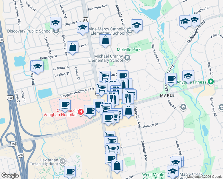 map of restaurants, bars, coffee shops, grocery stores, and more near 67 Kelso Crescent in Vaughan