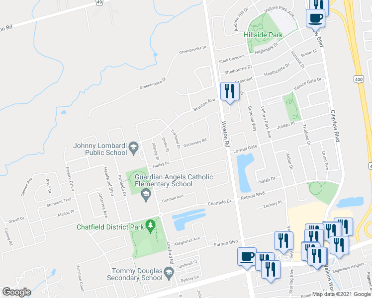 map of restaurants, bars, coffee shops, grocery stores, and more near 11 Ostrovsky Road in Vaughan