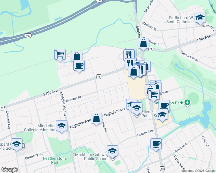 map of restaurants, bars, coffee shops, grocery stores, and more near 158 Mumbai Drive in Markham