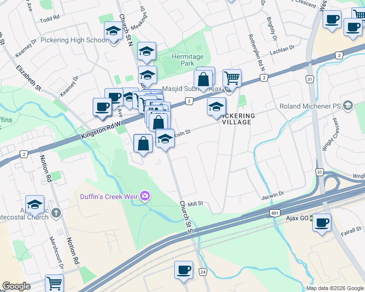 map of restaurants, bars, coffee shops, grocery stores, and more near 67 Church Street South in Ajax