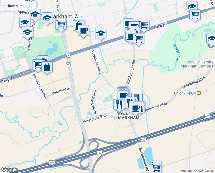 map of restaurants, bars, coffee shops, grocery stores, and more near 151 Upper Duke Crescent in Markham