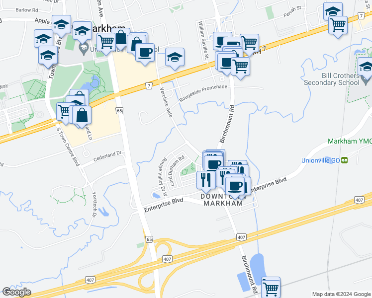 map of restaurants, bars, coffee shops, grocery stores, and more near in Markham