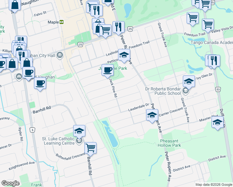 map of restaurants, bars, coffee shops, grocery stores, and more near in Vaughan