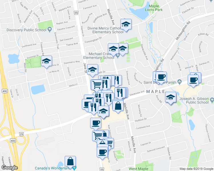 map of restaurants, bars, coffee shops, grocery stores, and more near 45 Kelso Crescent in Vaughan