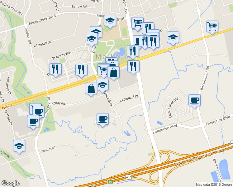 map of restaurants, bars, coffee shops, grocery stores, and more near 9 Clegg Road in Markham