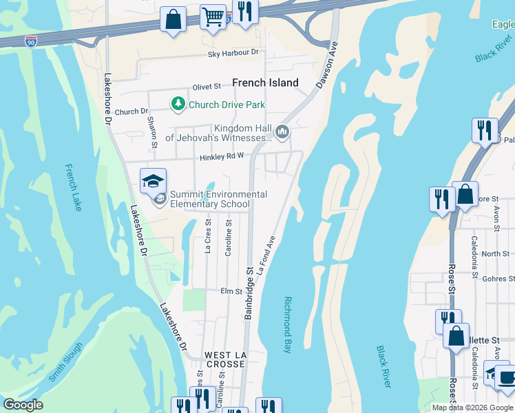 map of restaurants, bars, coffee shops, grocery stores, and more near 1804 Bainbridge Street in La Crosse