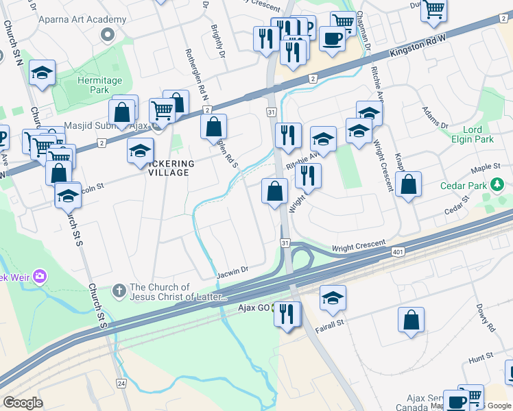 map of restaurants, bars, coffee shops, grocery stores, and more near 37 Rotherglen Road South in Ajax