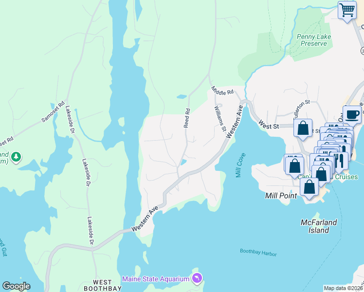 map of restaurants, bars, coffee shops, grocery stores, and more near 73 Reed Road in Boothbay Harbor