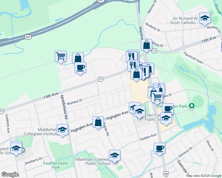 map of restaurants, bars, coffee shops, grocery stores, and more near 162 Mumbai Drive in Markham