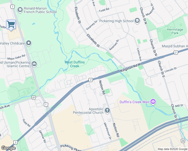 map of restaurants, bars, coffee shops, grocery stores, and more near 1898 Kingston Road in Pickering