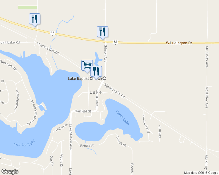 map of restaurants, bars, coffee shops, grocery stores, and more near 7715 Mystic Lake Road in Lake
