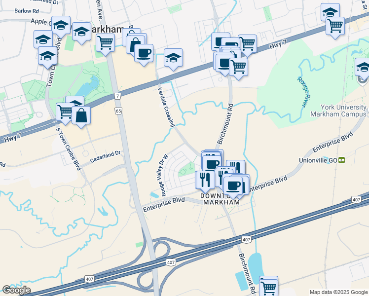 map of restaurants, bars, coffee shops, grocery stores, and more near 151 Upper Duke Crescent in Markham
