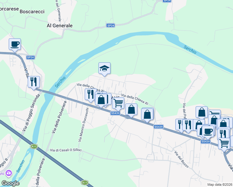map of restaurants, bars, coffee shops, grocery stores, and more near 593 Via della Chiesa XI in Lucca